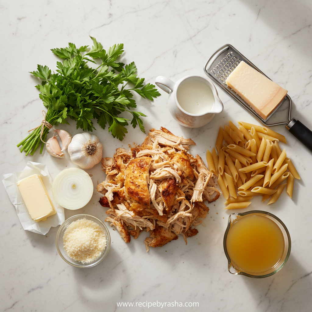 Ingredients for creamy rotisserie chicken pasta laid out on counter