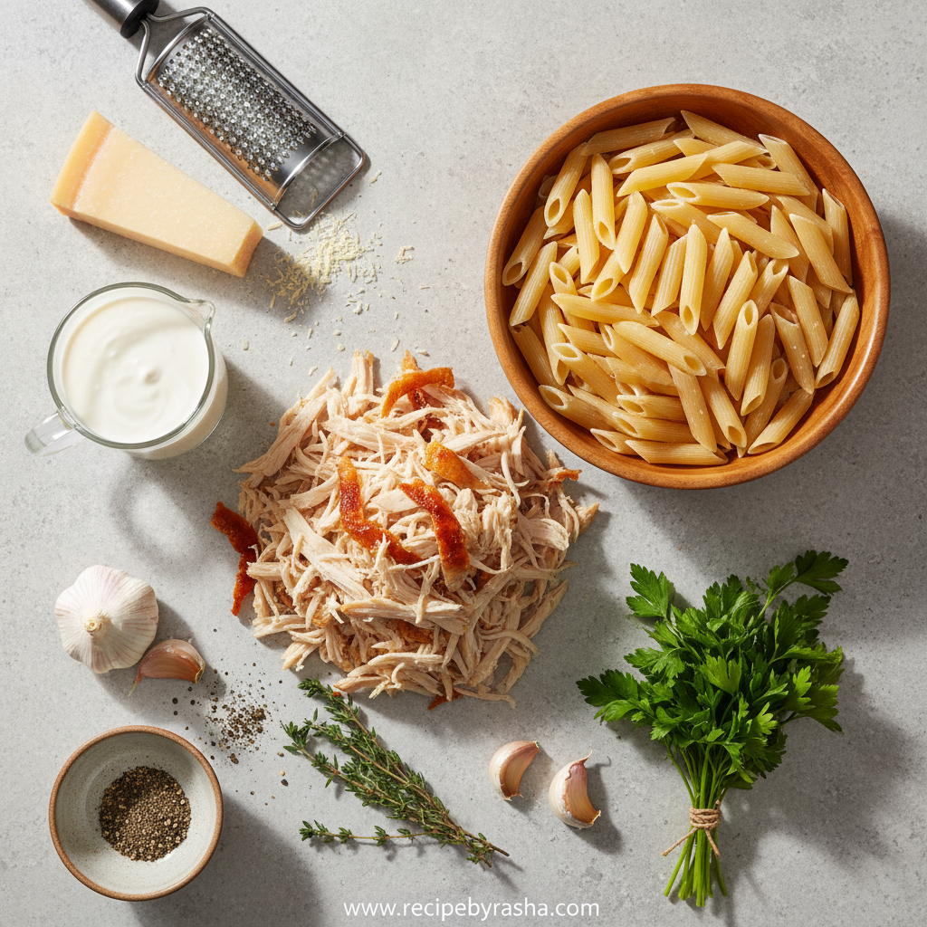 Ingredients for creamy chicken pasta including pasta, rotisserie chicken, cream, and seasonings