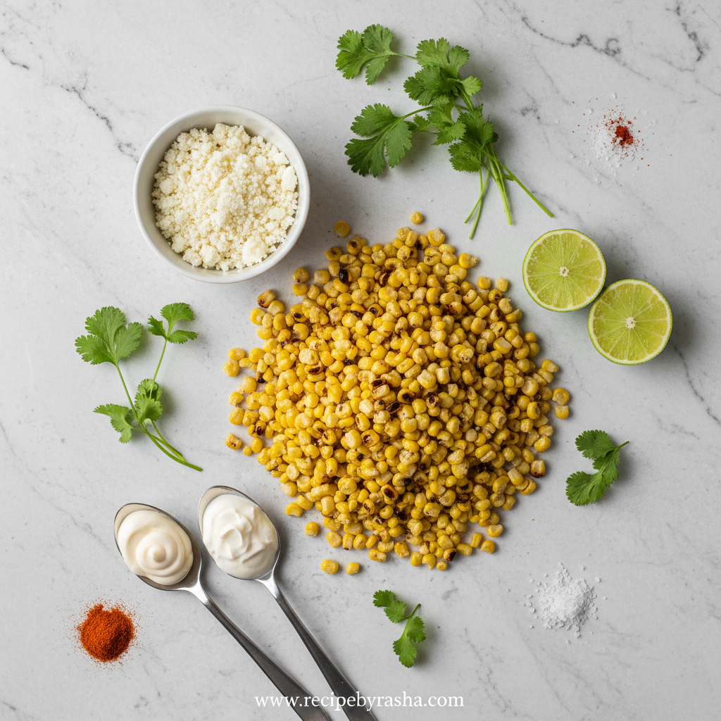 Fresh ingredients for Mexican corn salad including corn, lime, cilantro and spices