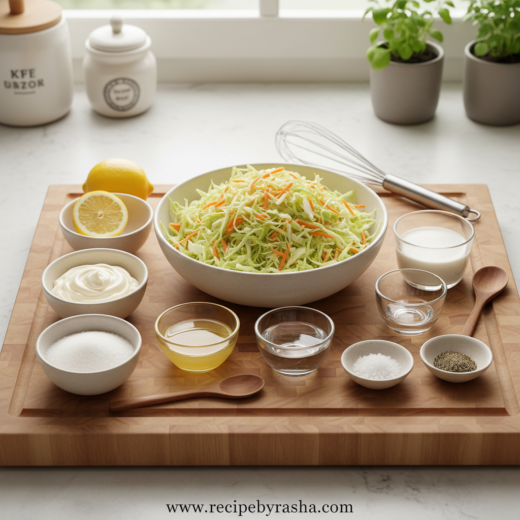 Fresh coleslaw ingredients including cabbage, carrots, and dressing components