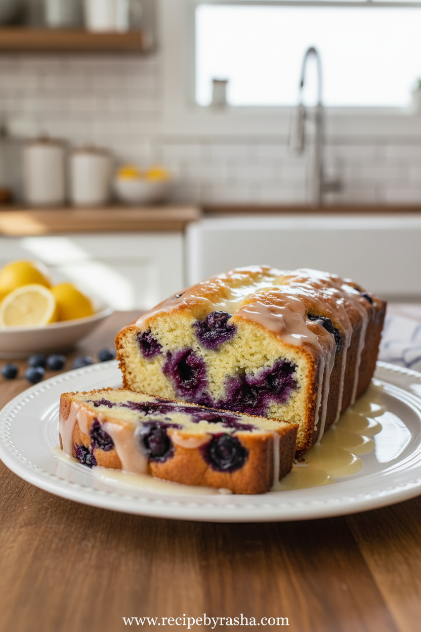 Ultimate Lemon Blueberry Loaf with Lemon Glaze: Easy Bakery-Style Recipe 1 Beautiful lemon blueberry loaf with lemon glaze on a wooden cutting board