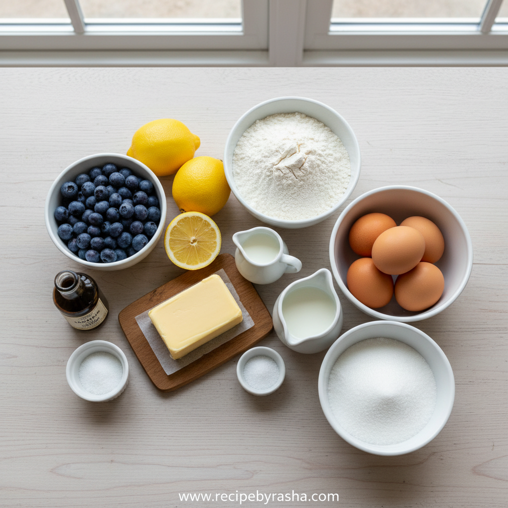 Ultimate Lemon Blueberry Loaf with Lemon Glaze: Easy Bakery-Style Recipe 2 Ingredients for lemon blueberry loaf including flour, blueberries, lemons, and sugar