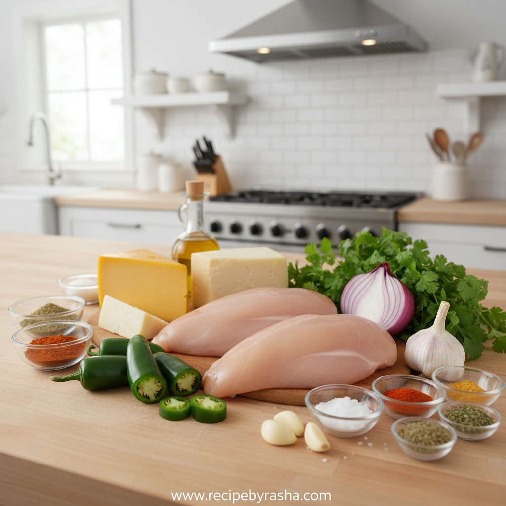 Ultimate Mexican Chicken with Creamy Cheese Sauce: Easy Weeknight Dinner Recipe 2 Colorful ingredients for Mexican chicken including chicken breasts, bell peppers, spices, and cheese