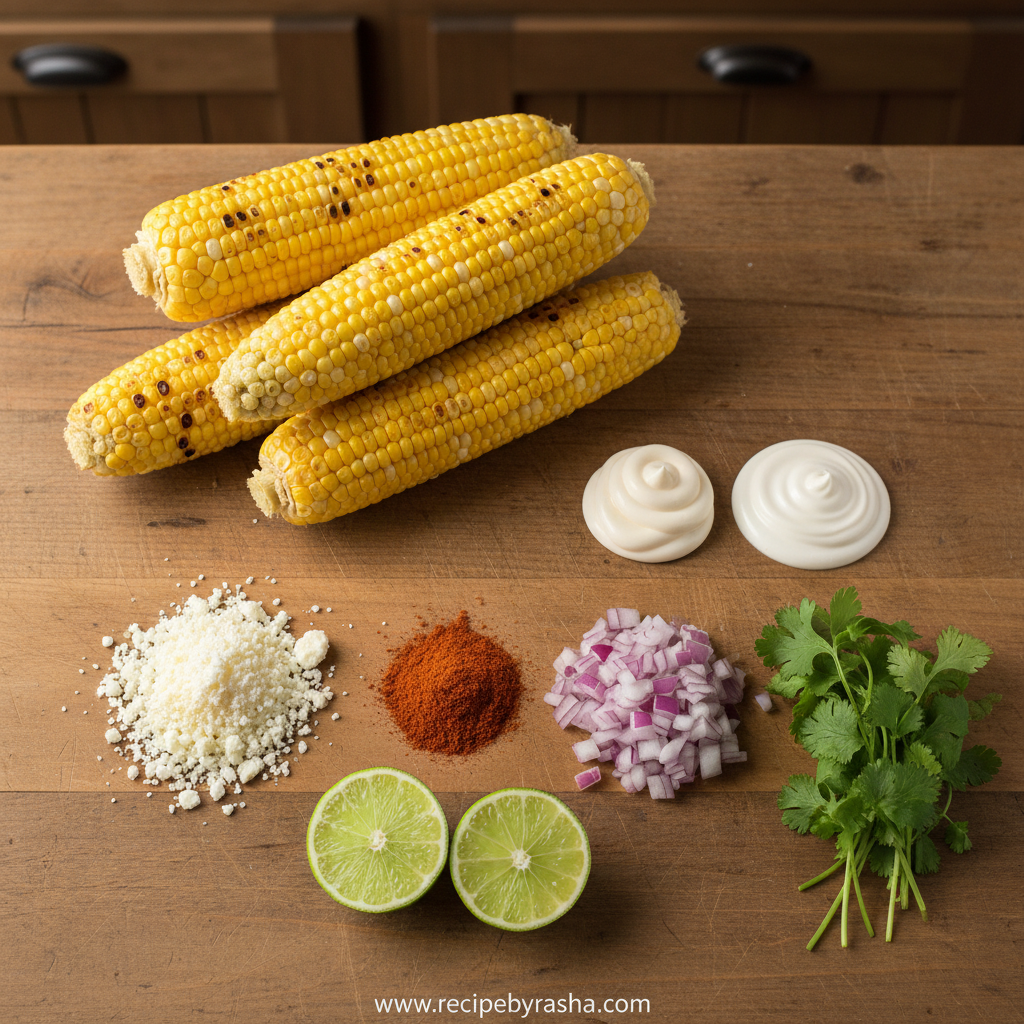 Fresh ingredients for Mexican esquites corn salad including corn, lime, and spices