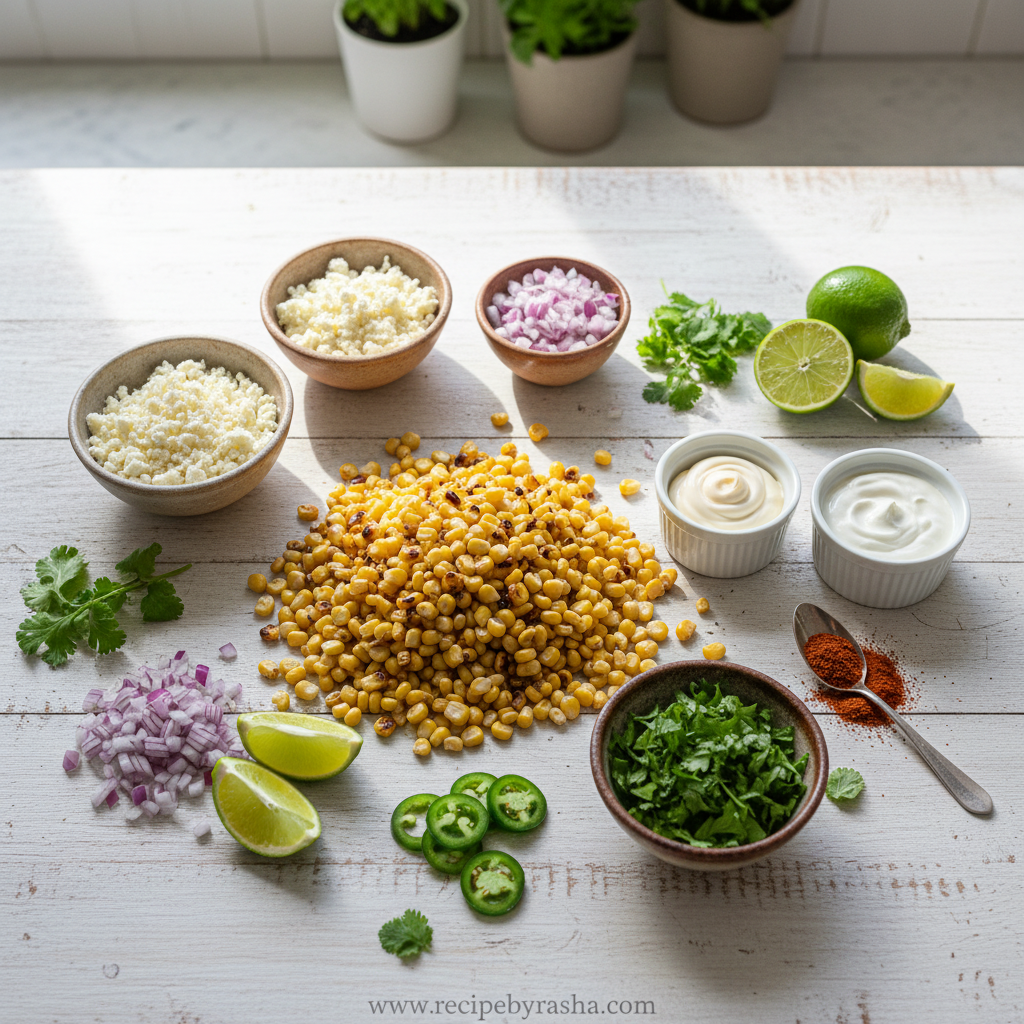 Fresh ingredients for Mexican street corn salad including corn, lime, cilantro, and cotija cheese