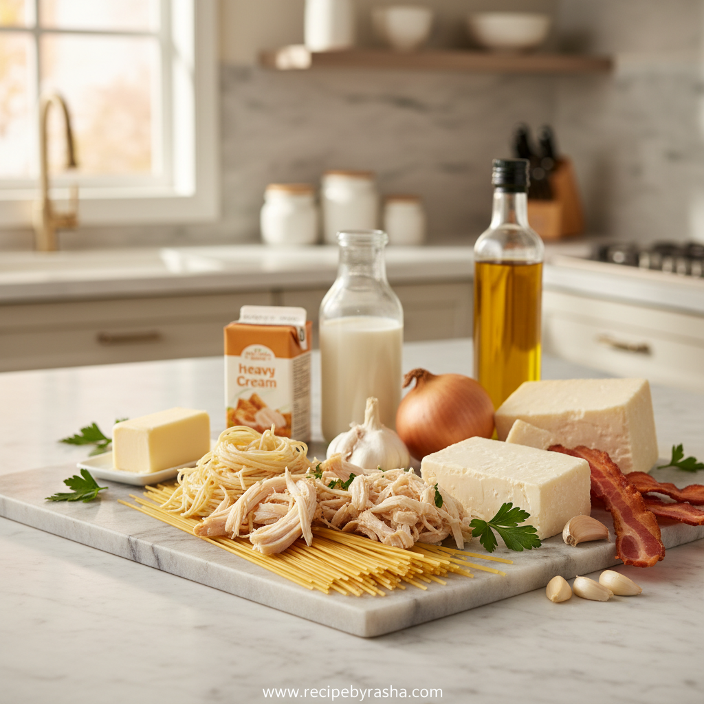 Ingredients for Monterey chicken spaghetti including pasta, cheese, chicken and seasonings