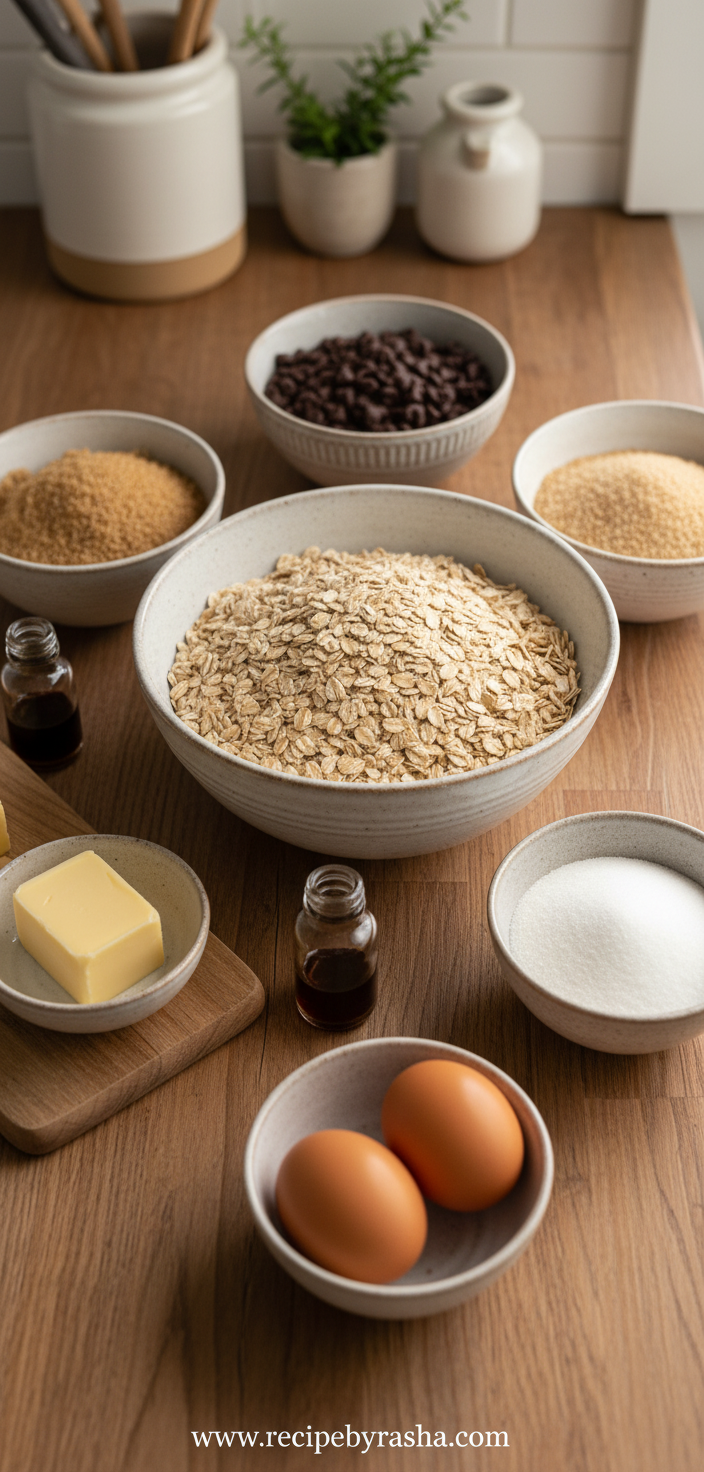 Ingredients for chocolate chip oatmeal cookies