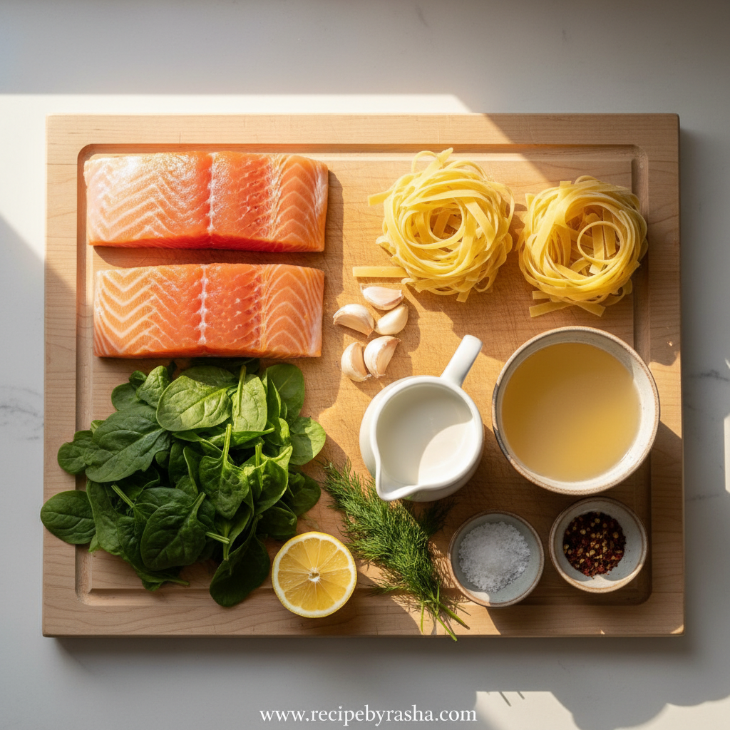 Ingredients for creamy salmon pasta recipe