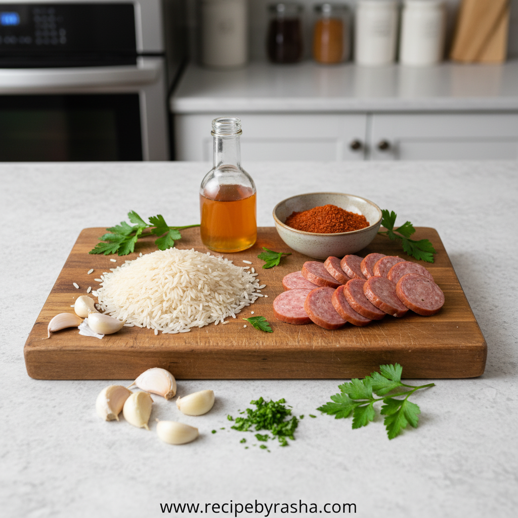 Ingredients for Cajun honey garlic rice skillet