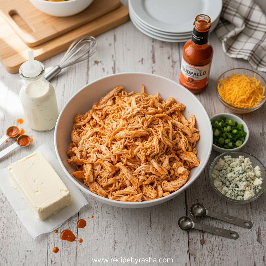 Ultimate Oven Baked Buffalo Chicken Dip: Creamy Party Favorite Appetizer 2 Ingredients for buffalo chicken dip including chicken, cream cheese, buffalo sauce, and cheeses