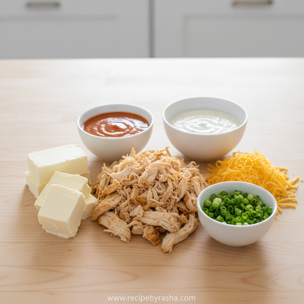 Ultimate Oven Baked Buffalo Chicken Dip: The Perfect Party Appetizer 2 Ingredients for buffalo chicken dip including chicken, cream cheese, buffalo sauce and shredded cheese