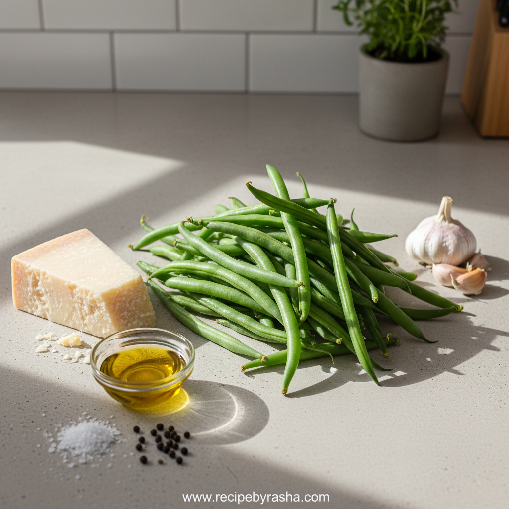 Garlic Parmesan Roasted Green Beans: Crispy Cheesy Vegetable Side Dish 2 Fresh green beans, garlic, Parmesan cheese, olive oil, and seasonings