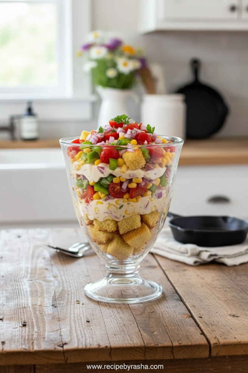 Paula Deen Cornbread Salad - Famous Southern Layered Side Dish Recipe 1 Paula Deen cornbread salad in a beautiful serving bowl