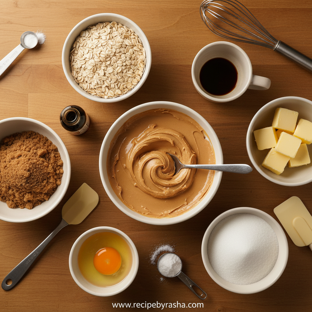 Ingredients for peanut butter oatmeal cookies laid out on counter