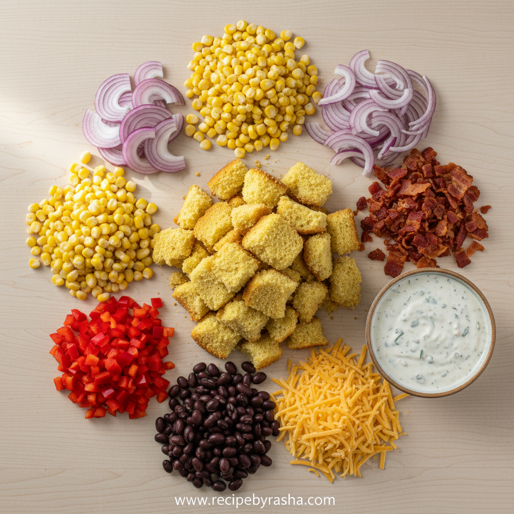 Colorful Cornbread Salad - Vibrant Layered Potluck Favorite 2 Ingredients for colorful cornbread salad including cornbread, vegetables and dressing