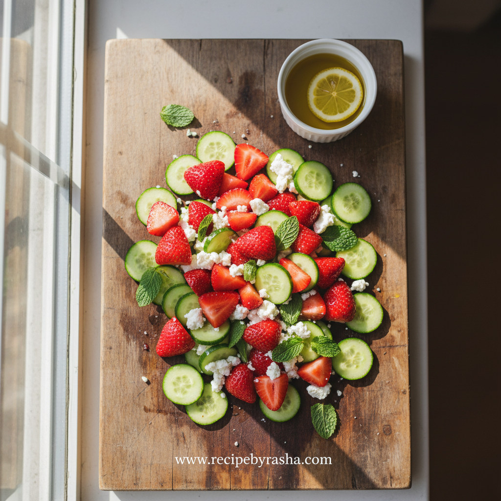 Refreshing Feta Mint Strawberry Salad - Vibrant Summer Recipe 2 Fresh ingredients for cucumber strawberry salad including strawberries, cucumber, feta, and mint