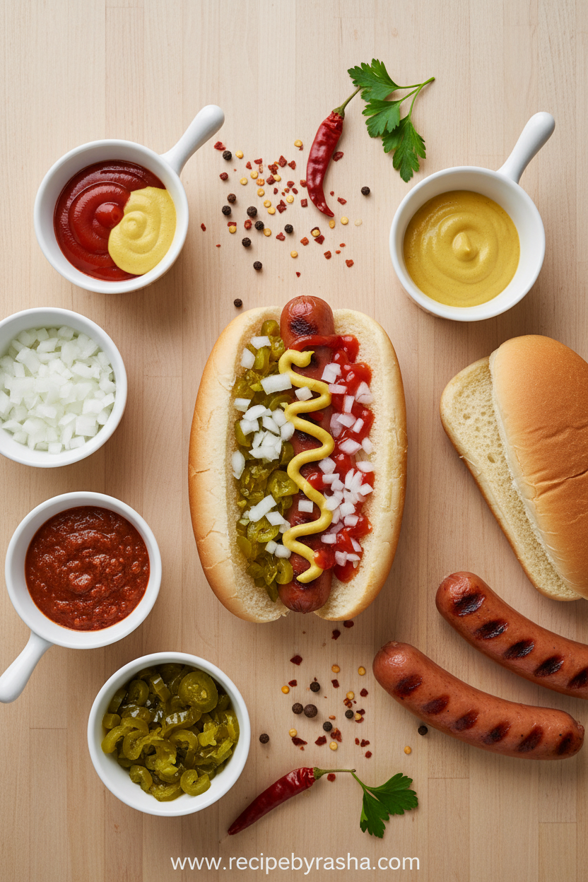 Hot dog ingredients including buns, toppings, and condiments for regional styles