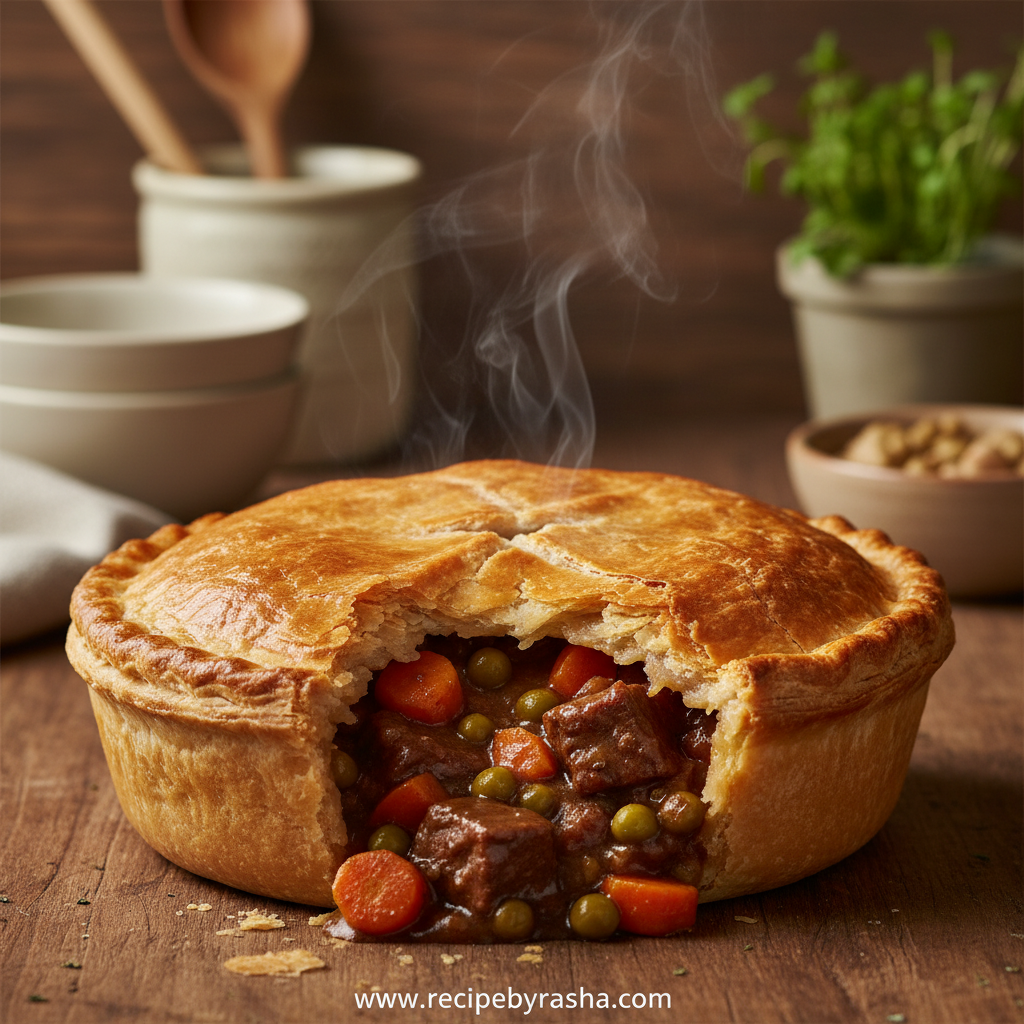 Delicious savory beef stew pot pie with golden crust