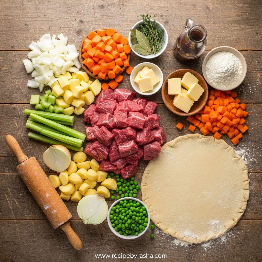Ingredients for savory beef stew pot pie