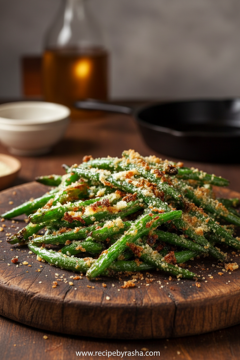 Savory Garlic Parmesan Roasted Green Beans - Crispy Cheesy Vegetable Side Dish 1 Savory garlic Parmesan roasted green beans on a baking sheet