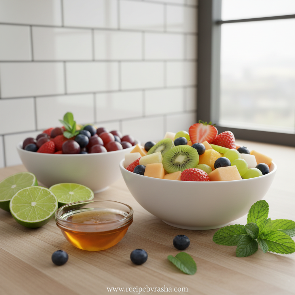 Simple Honey Lime Fruit Salad: Refreshing Summer Fruit Bowl with Citrus Dressing 2 Fresh fruits and honey lime dressing ingredients arranged on counter