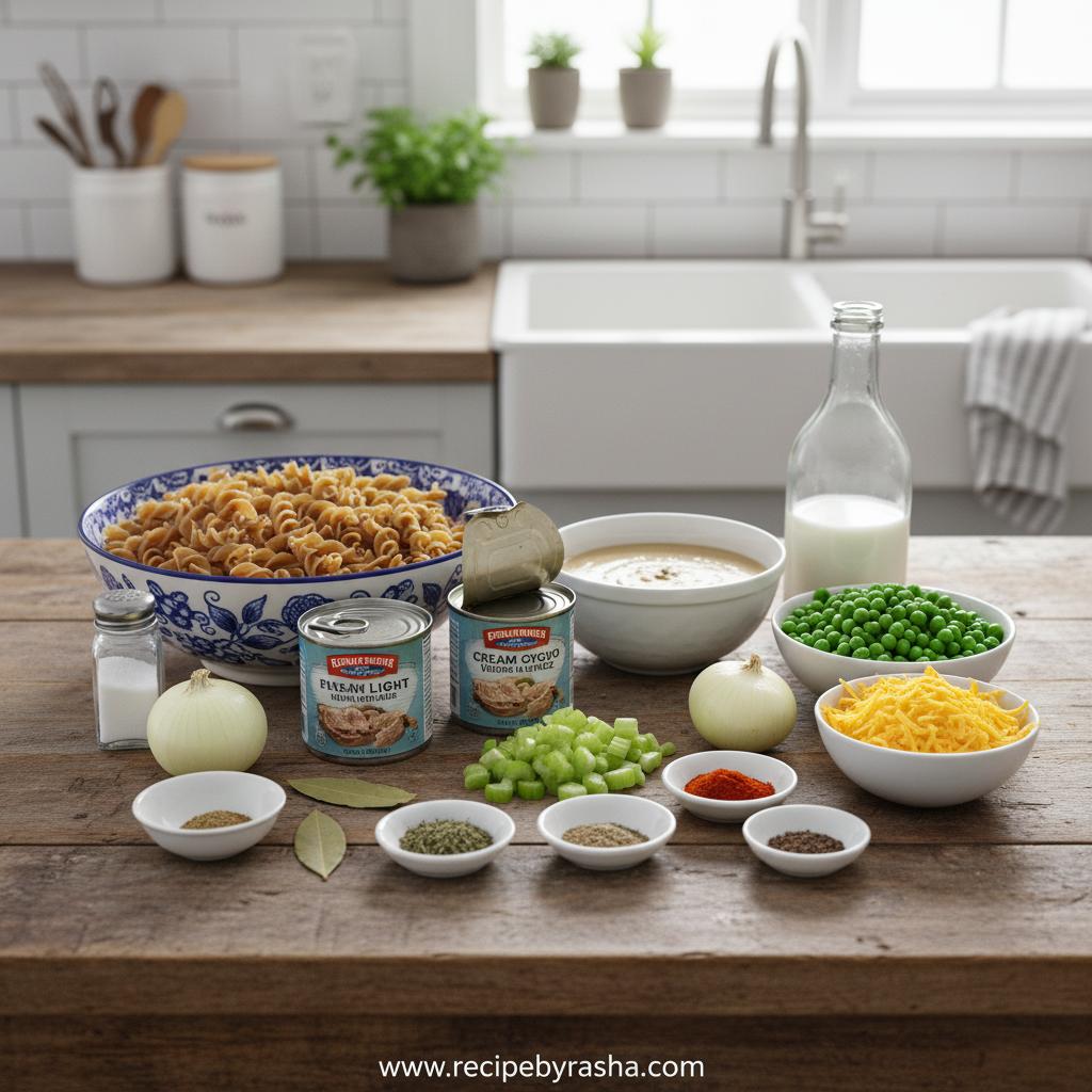 Ingredients for healthy tuna noodle casserole