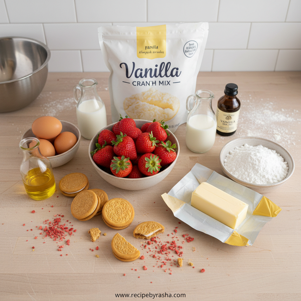 Easy Strawberry Crunch Cake: The Ultimate Retro Dessert Recipe 2 Ingredients for strawberry crunch cake including fresh strawberries, whipped topping, and crumble ingredients