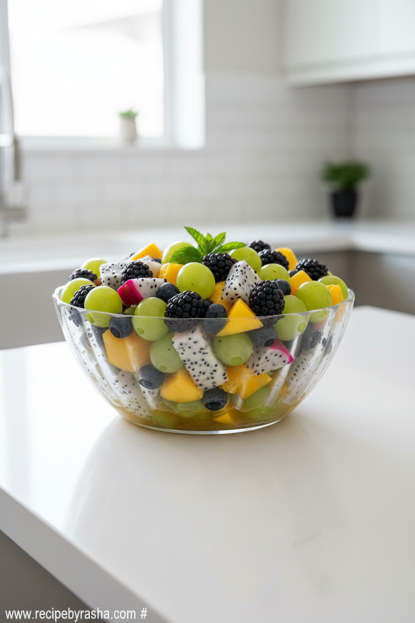 Summer Fruit Salad Valya's Recipe - Best Seasonal Fruit Salad with Maple Syrup Dressing 1 Colorful summer fruit salad with dragon fruit, mango, berries and maple syrup dressing