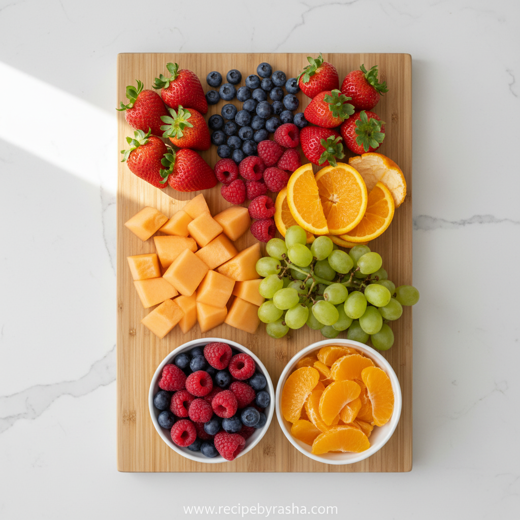 Summer Fruit Salad Valya's Recipe - Best Seasonal Fruit Salad with Maple Syrup Dressing 2 Fresh ingredients for summer fruit salad including dragon fruit, mango, strawberries and maple syrup