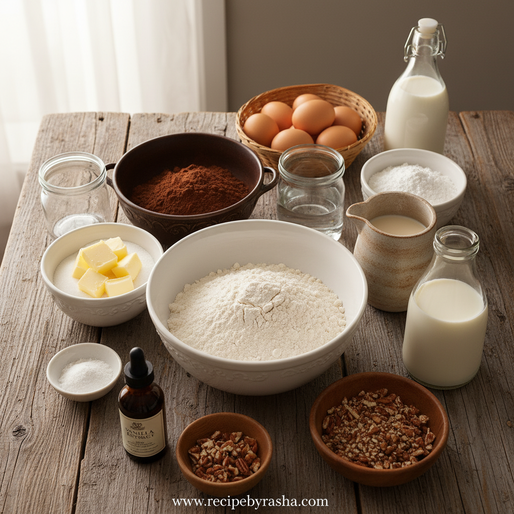 Texas Chocolate Sheet Cake: Ultimate Crowd-Pleasing Dessert Recipe 2 Ingredients for Texas chocolate sheet cake laid out on counter