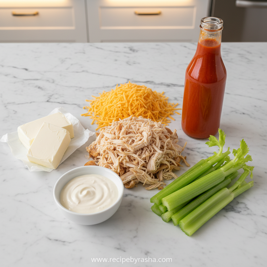 Ultimate Creamy Buffalo Chicken Dip: Easy Party Appetizer Recipe 2 Ingredients for buffalo chicken dip including chicken, cream cheese, buffalo sauce, and ranch dressing