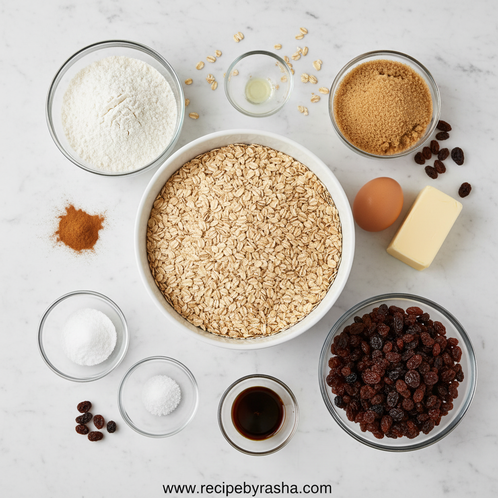Ingredients for making perfect oatmeal cookies
