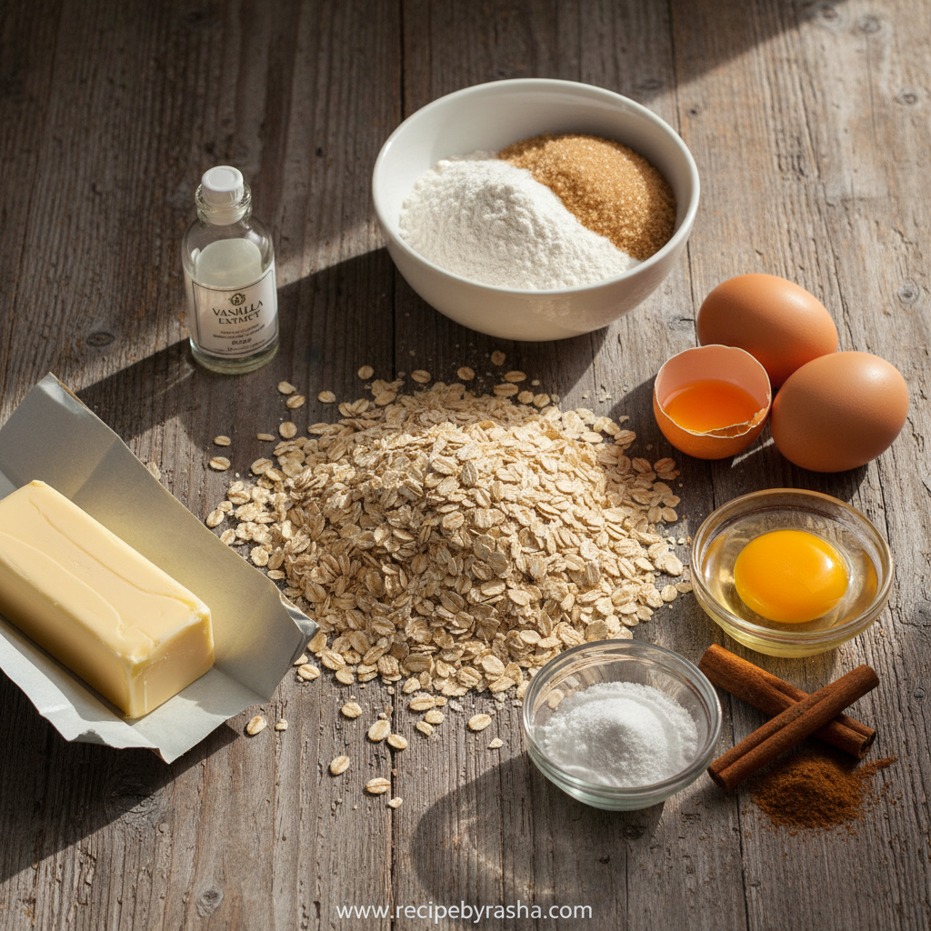Oatmeal cookie ingredients laid out on counter