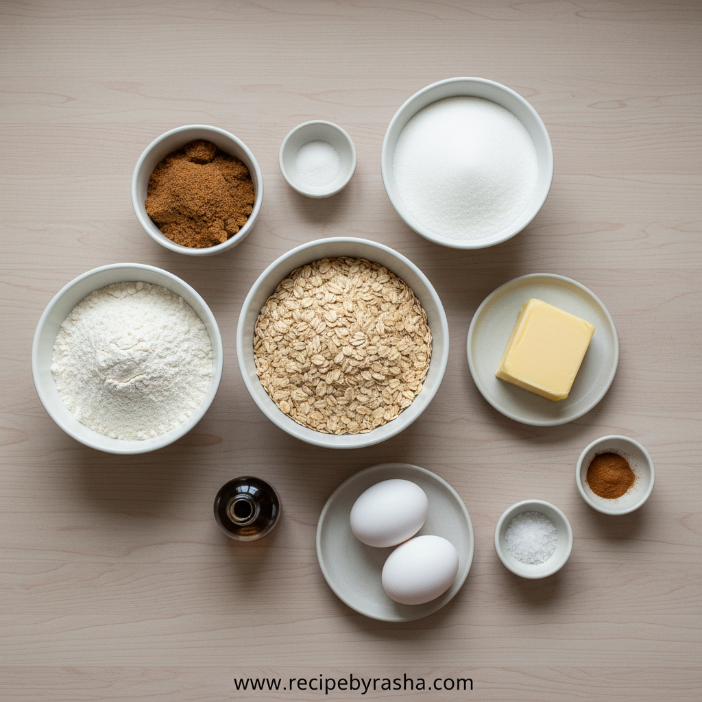 Ingredients for oatmeal cookies laid out on counter