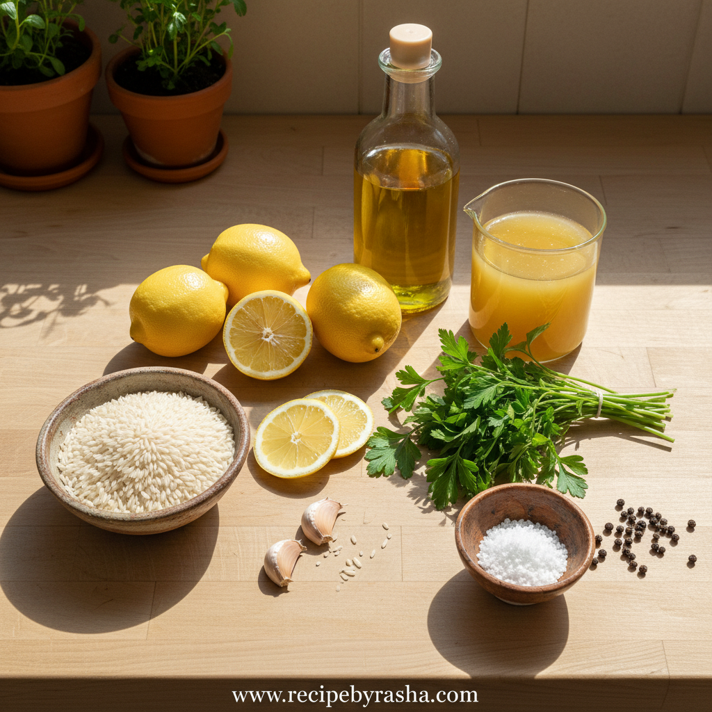 Ingredients for lemon rice including rice, lemons, herbs, and olive oil