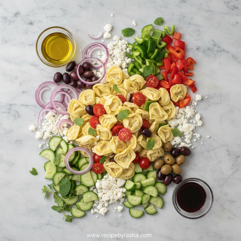 Ingredients for Greek tortellini salad including tortellini, feta, vegetables and herbs