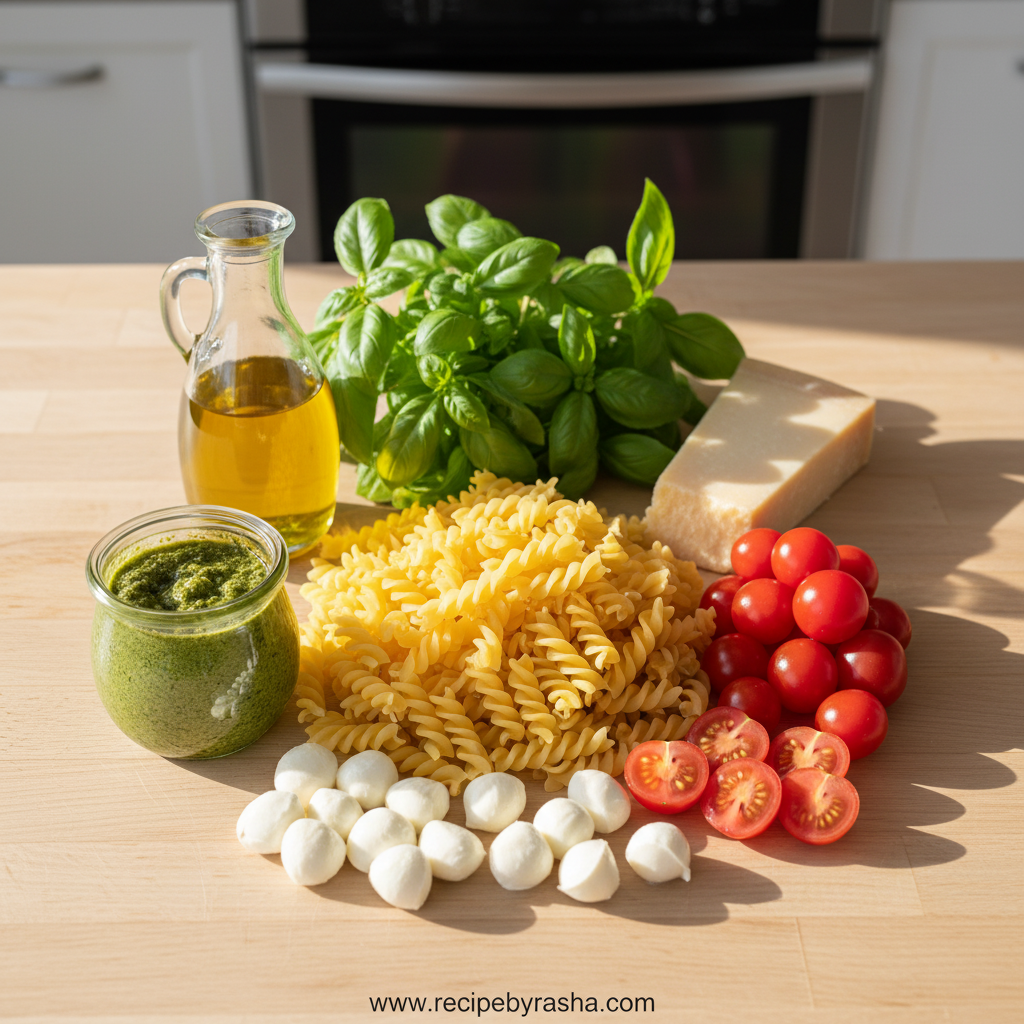 Fresh ingredients for cheesy basil pesto pasta salad including basil, tortellini, mozzarella, and vegetables
