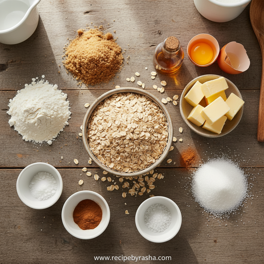 Ingredients for making chewy oatmeal cookies
