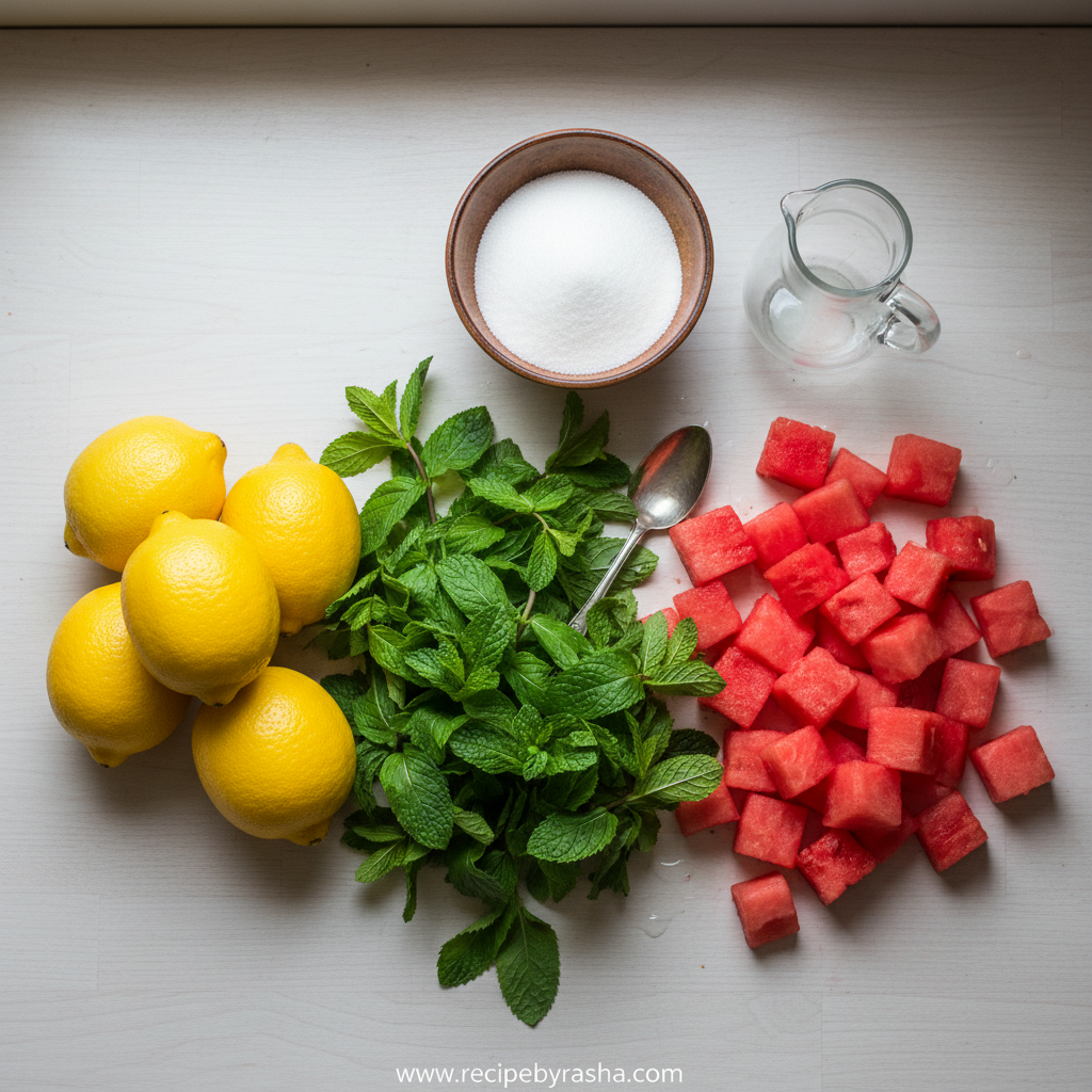 Copycat Chick-fil-A Watermelon Mint Lemonade - Refreshing Summer Drink Recipe 2 Fresh ingredients for watermelon mint lemonade: watermelon, lemons, mint, sugar