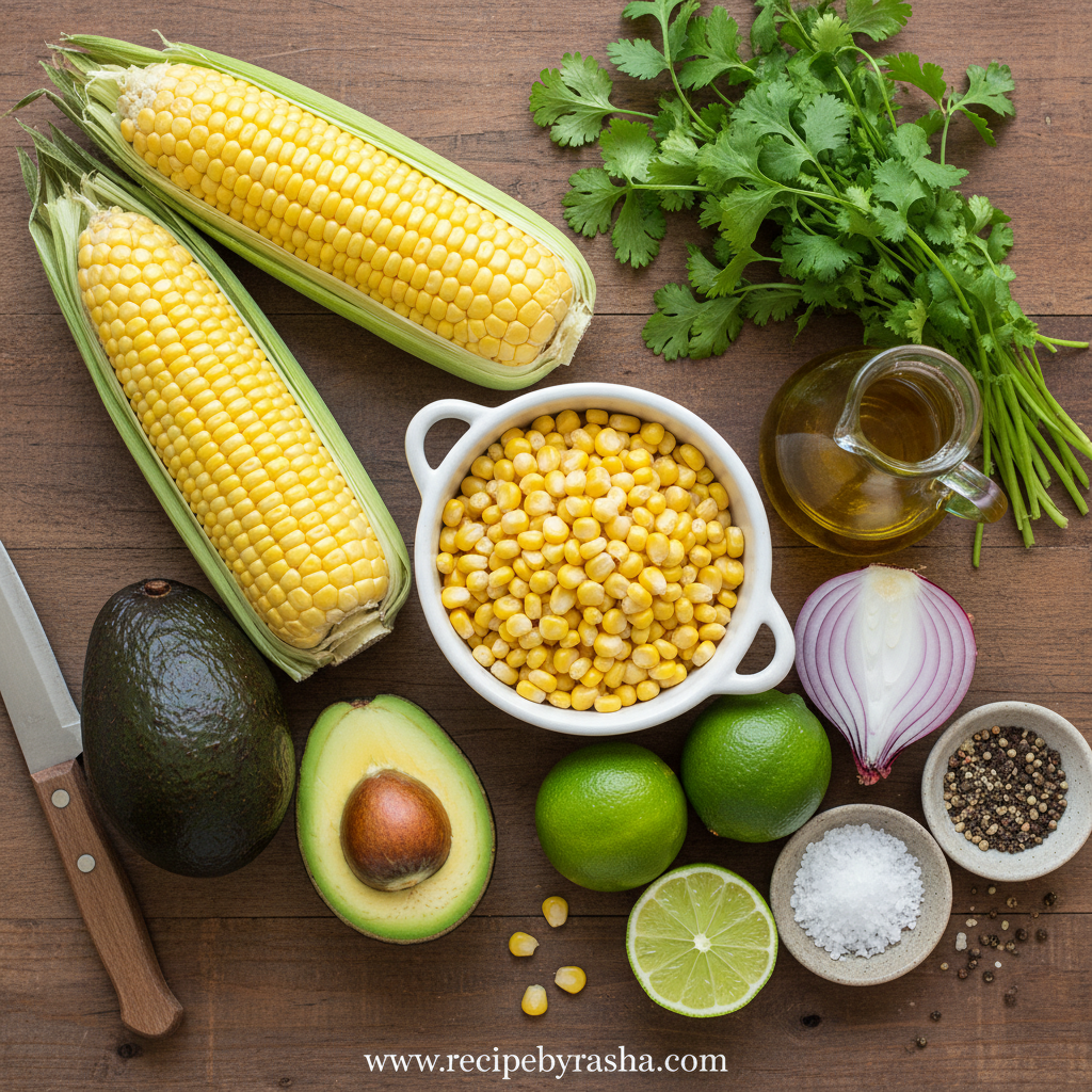 Ingredients for fresh corn avocado lime dressing
