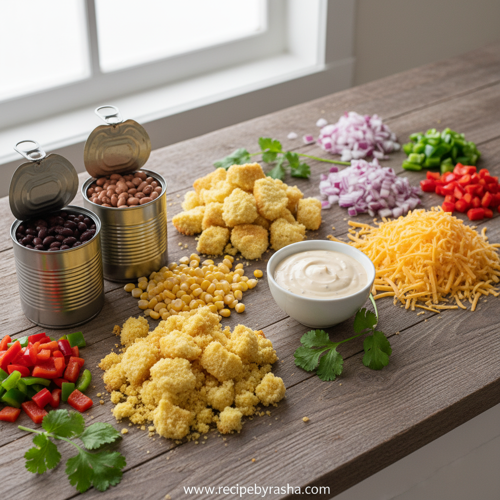Ingredients for cornbread salad including cornbread, beans, corn, cheese, and vegetables