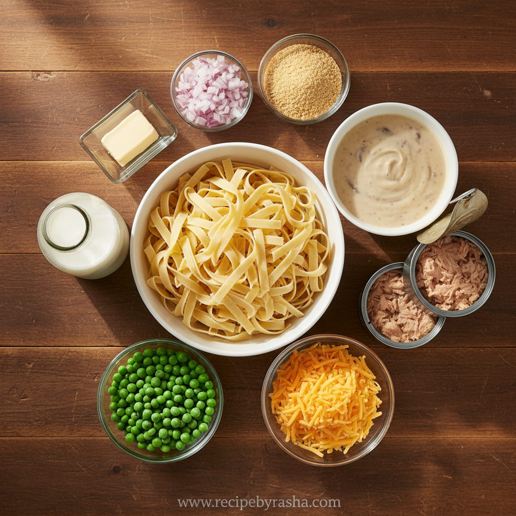 Ingredients for tuna noodle casserole including noodles, tuna, peas, and cheese