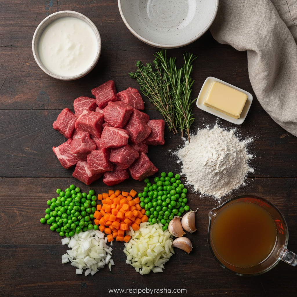 Ingredients for herbed biscuit beef pot pie