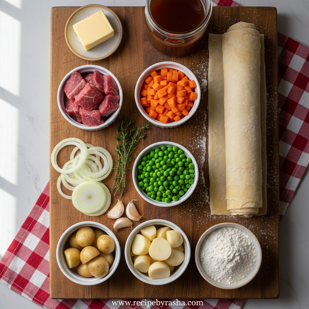 Ingredients for Beef Pot Pie laid out on a counter