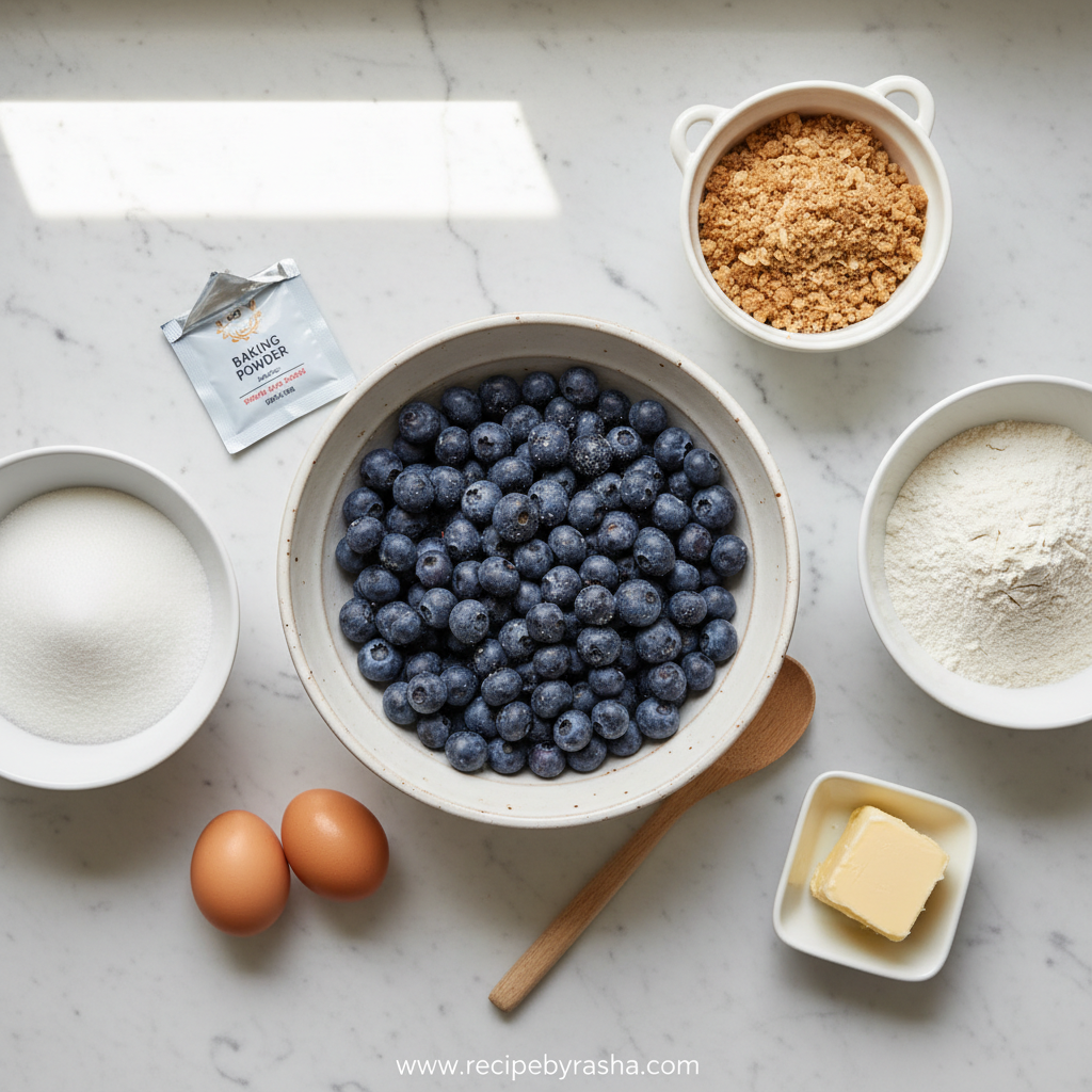 Ingredients for blueberry muffins with crumble topping