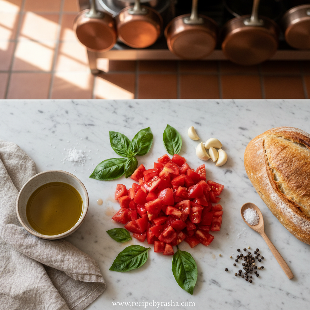 Fresh ingredients for Bruschetta Al Pomodoro