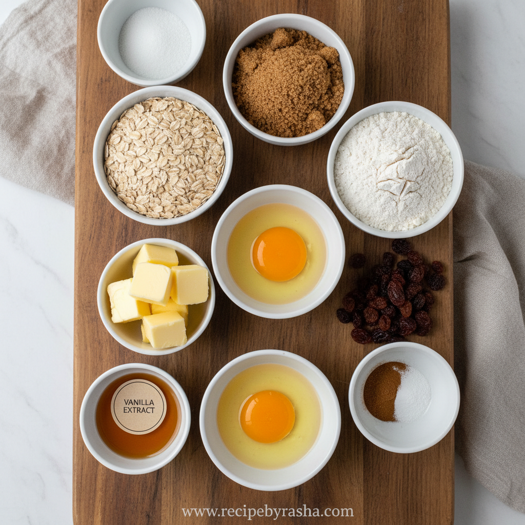 Ingredients for chewy oatmeal cookies