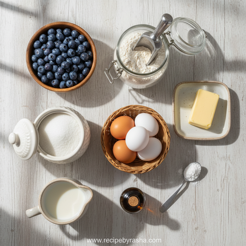 Ingredients for blueberry muffins: flour, sugar, blueberries, eggs, butter, and more