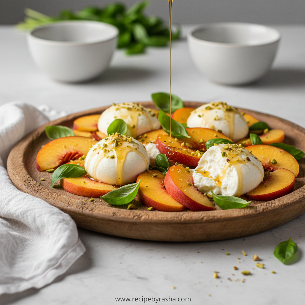 Fresh Peach Burrata Salad served in a bowl