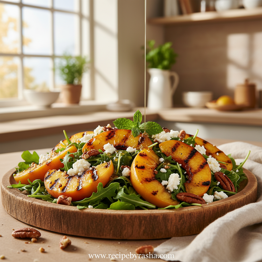 Grilled Peach Salad served in a bowl
